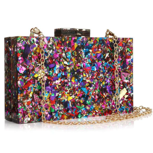 A colorful purse with many colors of confetti.
