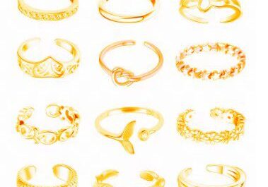 A set of gold rings with different designs.