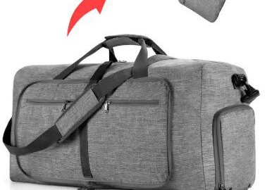 A large grey duffel bag with an open pocket.