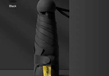 A black umbrella with yellow handle and a black bag