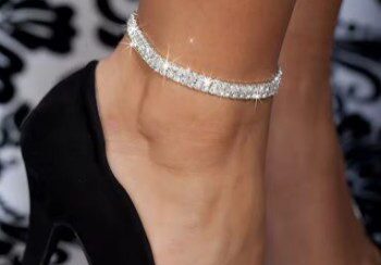 A close up of the foot wearing high heels