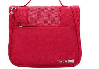 A red toiletry bag with a handle and two zippers.