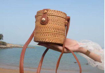 A person holding a round bag on the beach