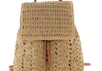 A straw backpack is shown with leather straps.
