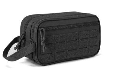 A black bag with many compartments on it.