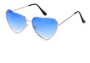 A pair of blue sunglasses with gold frames.