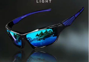 A pair of sunglasses with blue reflection on them.