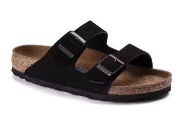 A black sandal with two straps on the side.