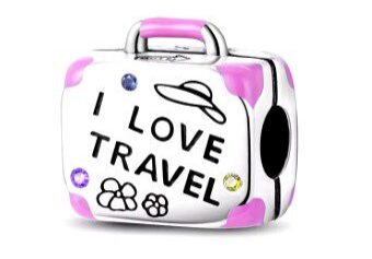 A white suitcase with pink accents and the words " i love travel ".